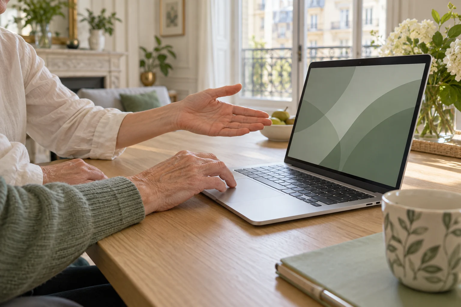 Assistance Mac Paris 16e à domicile : technicien et client devant un MacBook